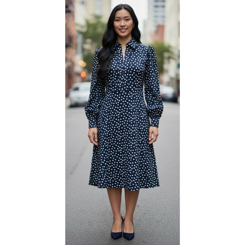 BODEN New! womens long sleeve navy white polka dot zip fit & flare size 6R